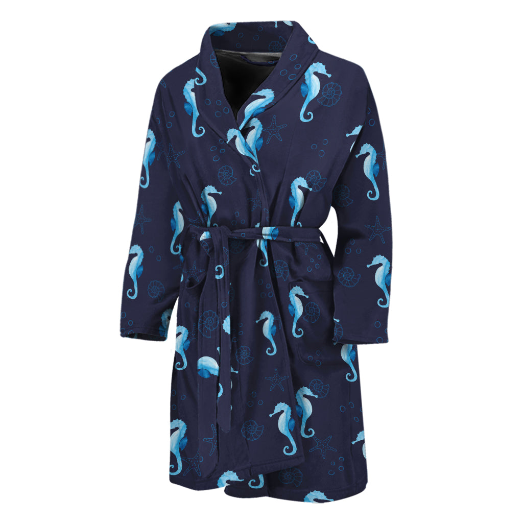 Blue Seahorse Pattern Print Men's Bathrobe