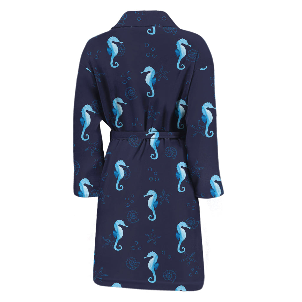 Blue Seahorse Pattern Print Men's Bathrobe