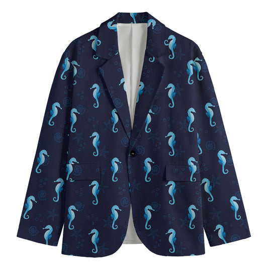 Blue Seahorse Pattern Print Men's Blazer