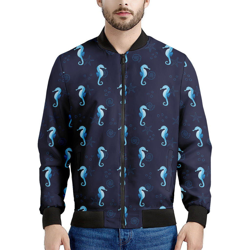 Blue Seahorse Pattern Print Men's Bomber Jacket