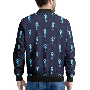 Blue Seahorse Pattern Print Men's Bomber Jacket