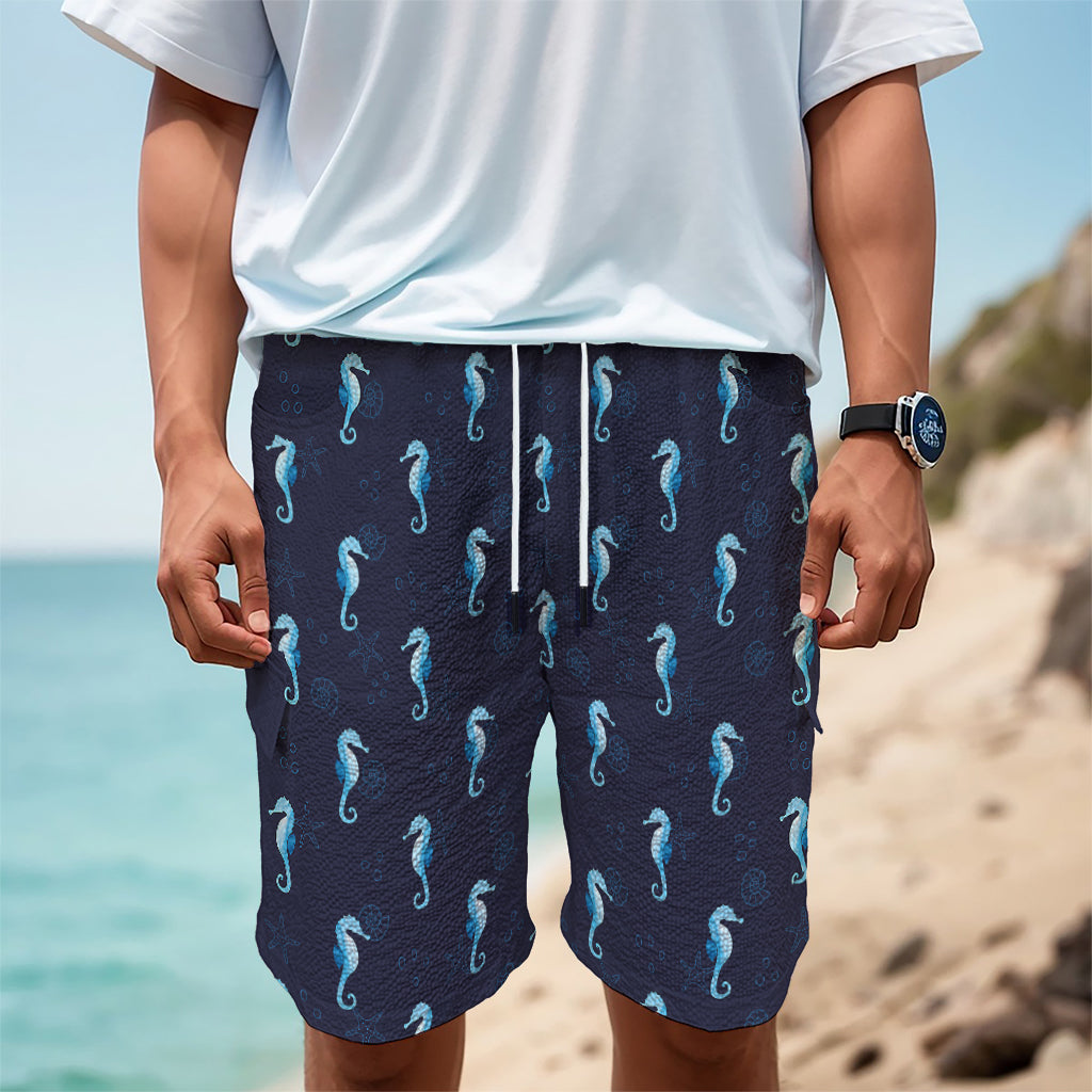 Blue Seahorse Pattern Print Men's Cargo Shorts