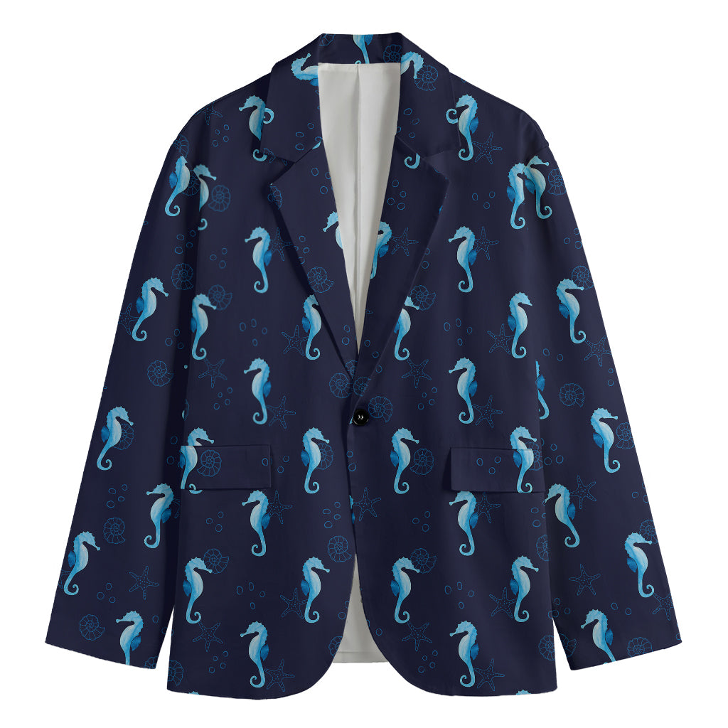 Blue Seahorse Pattern Print Men's Cotton Blazer