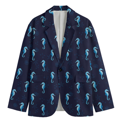 Blue Seahorse Pattern Print Men's Cotton Blazer