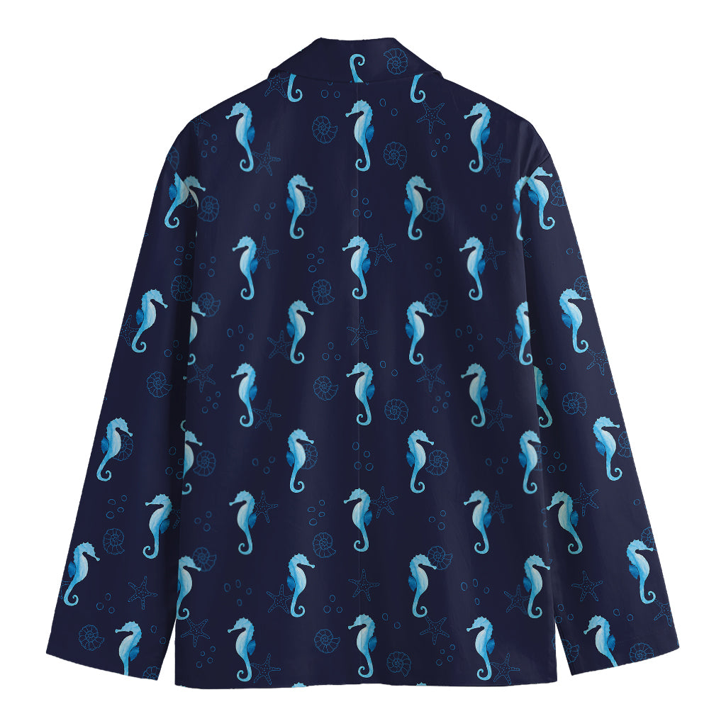 Blue Seahorse Pattern Print Men's Cotton Blazer