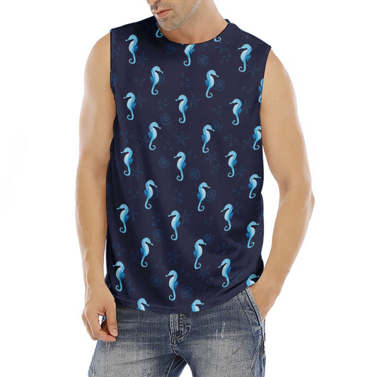Blue Seahorse Pattern Print Men's Fitness Tank Top