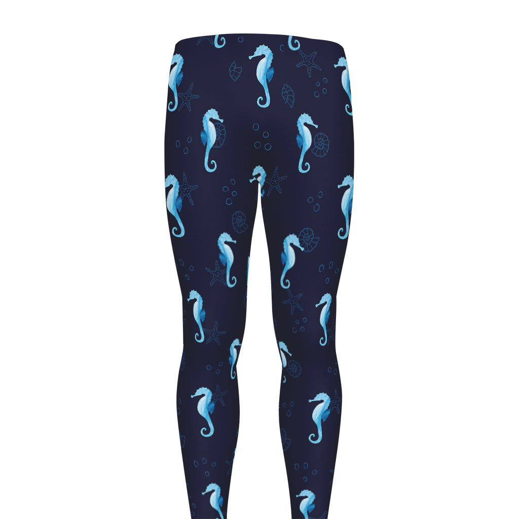 Blue Seahorse Pattern Print Men's leggings