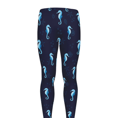 Blue Seahorse Pattern Print Men's leggings