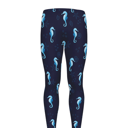 Blue Seahorse Pattern Print Men's leggings