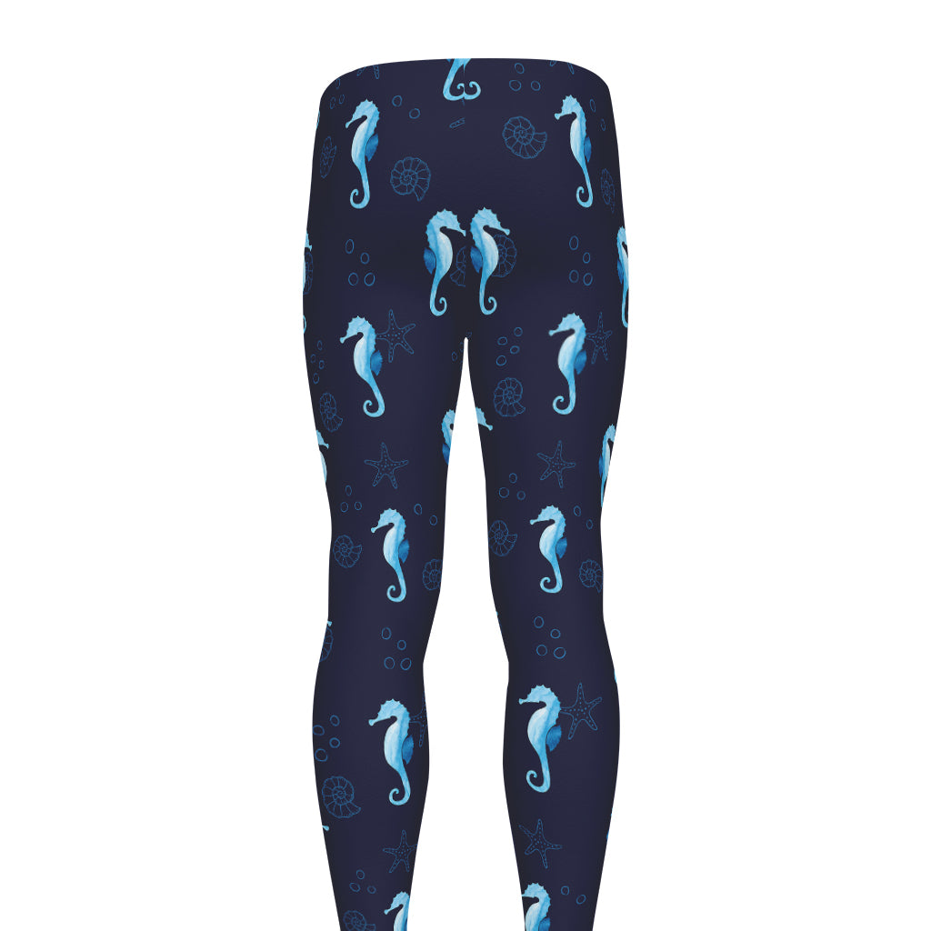 Blue Seahorse Pattern Print Men's leggings