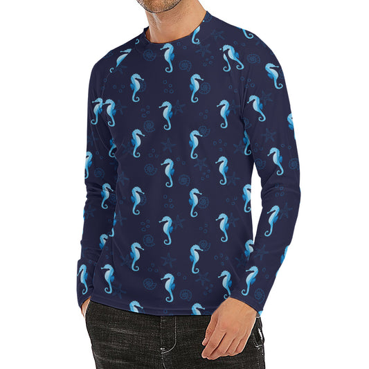 Blue Seahorse Pattern Print Men's Long Sleeve Rash Guard