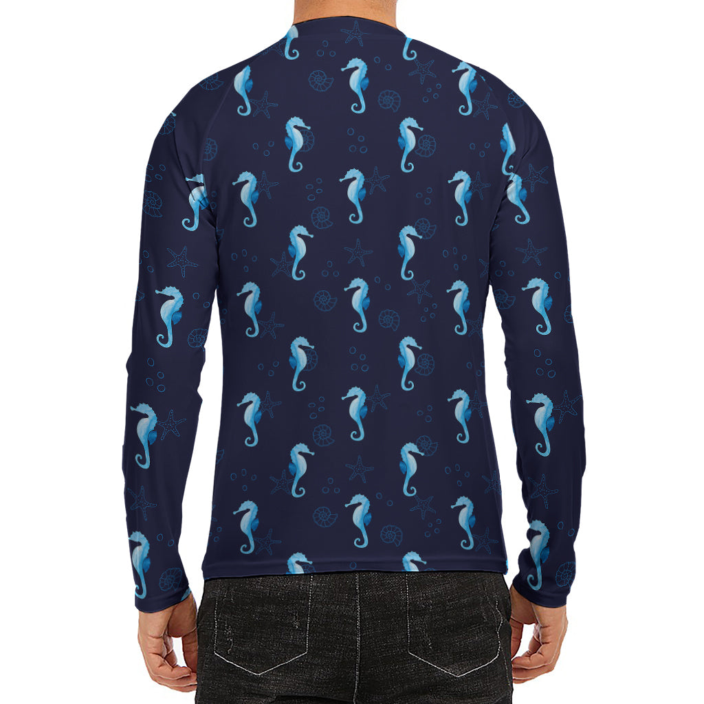 Blue Seahorse Pattern Print Men's Long Sleeve Rash Guard
