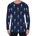 Blue Seahorse Pattern Print Men's Long Sleeve T-Shirt