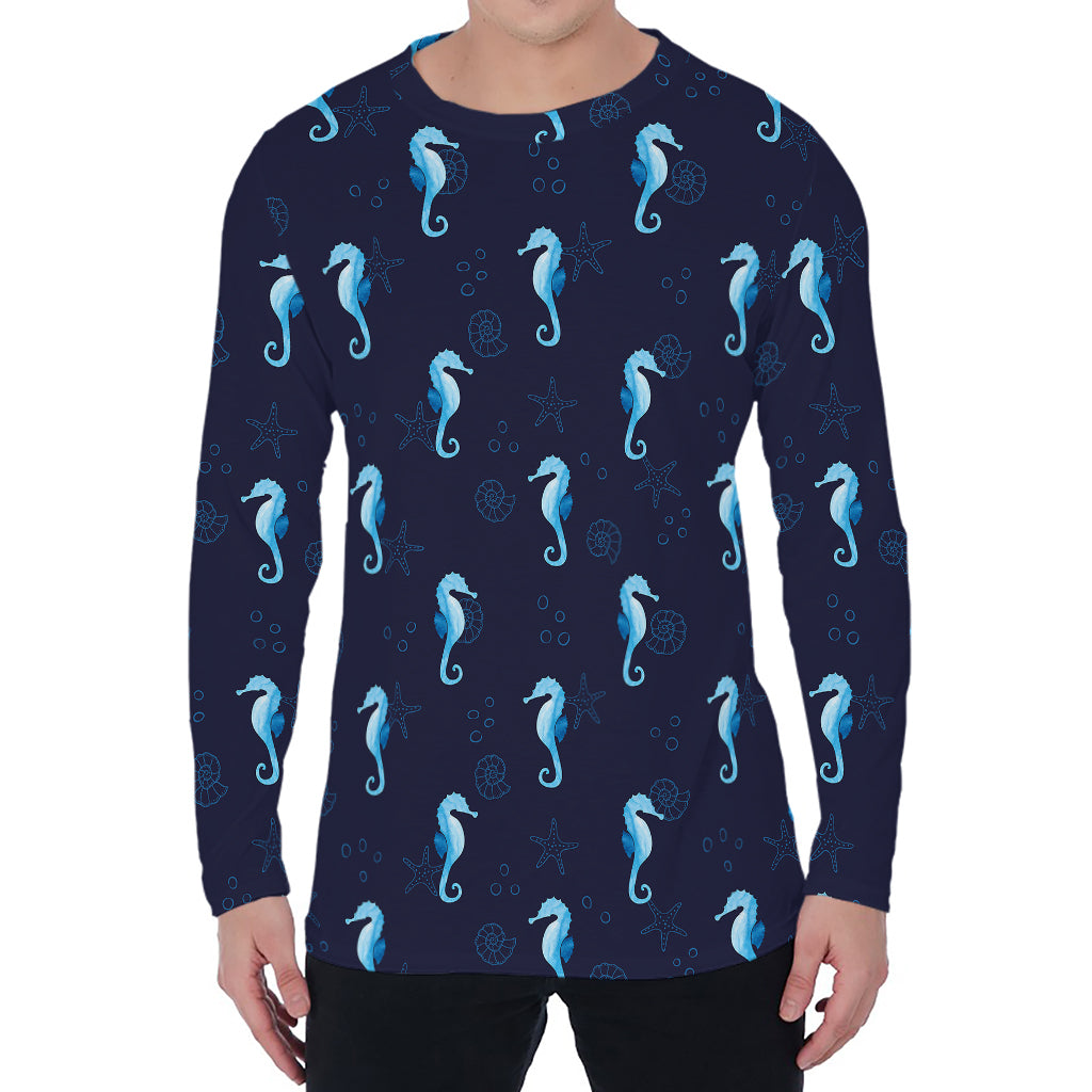 Blue Seahorse Pattern Print Men's Long Sleeve T-Shirt