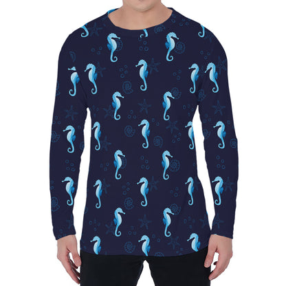 Blue Seahorse Pattern Print Men's Long Sleeve T-Shirt