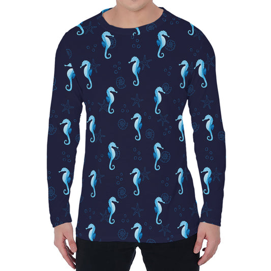 Blue Seahorse Pattern Print Men's Long Sleeve T-Shirt
