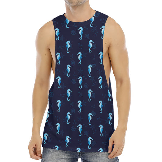 Blue Seahorse Pattern Print Men's Muscle Tank Top