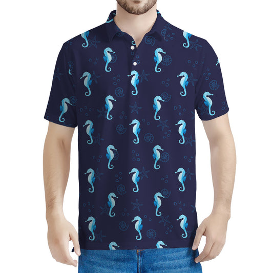 Blue Seahorse Pattern Print Men's Polo Shirt