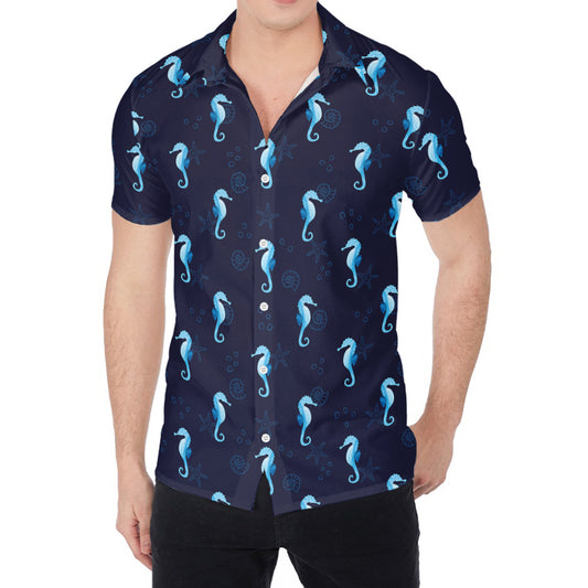 Blue Seahorse Pattern Print Men's Shirt