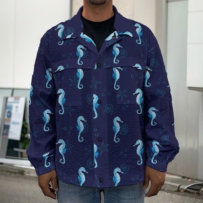 Blue Seahorse Pattern Print Men's Shirt Jacket
