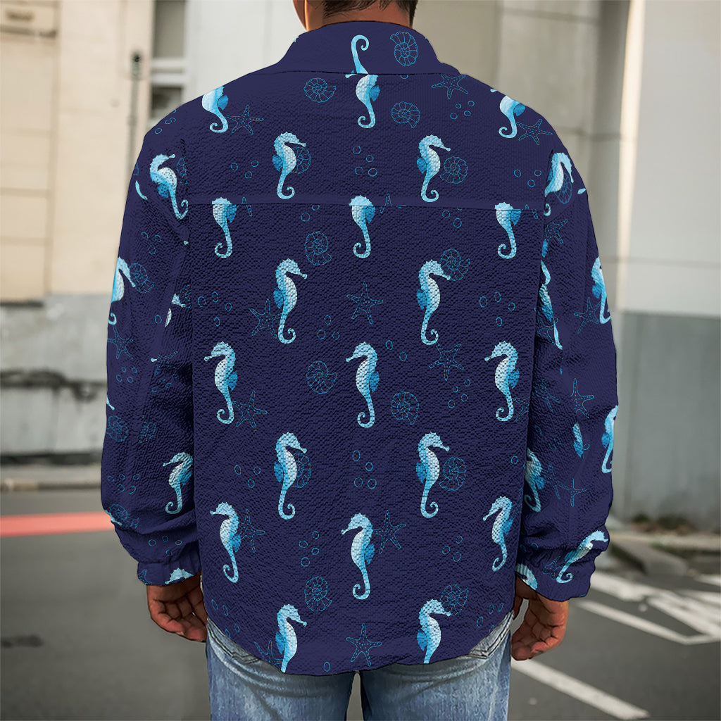 Blue Seahorse Pattern Print Men's Shirt Jacket