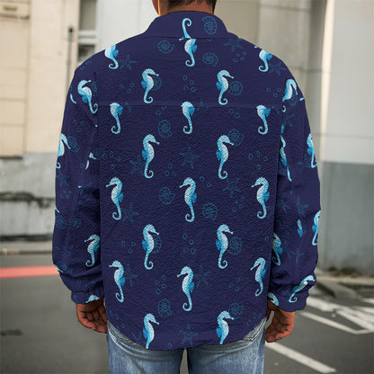 Blue Seahorse Pattern Print Men's Shirt Jacket