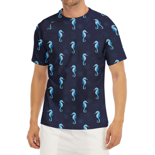 Blue Seahorse Pattern Print Men's Short Sleeve Rash Guard