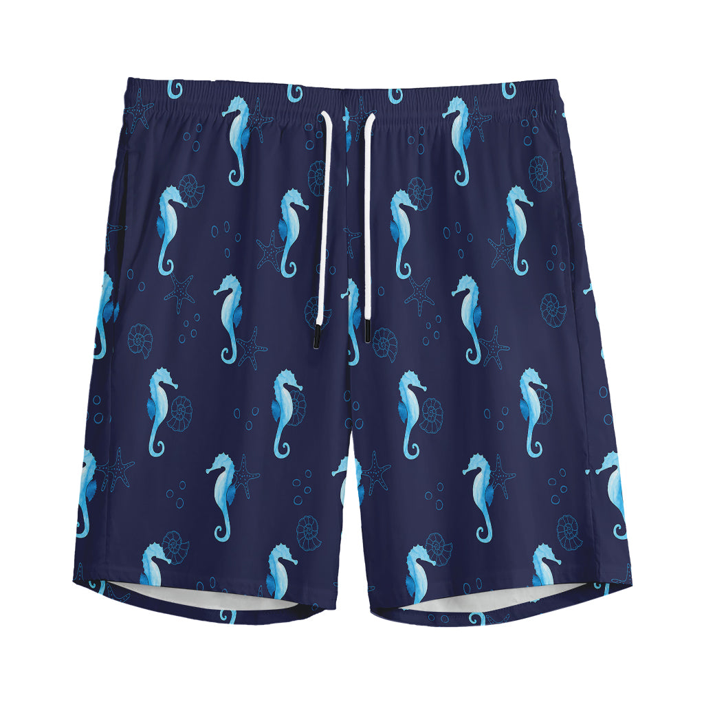 Blue Seahorse Pattern Print Men's Sports Shorts