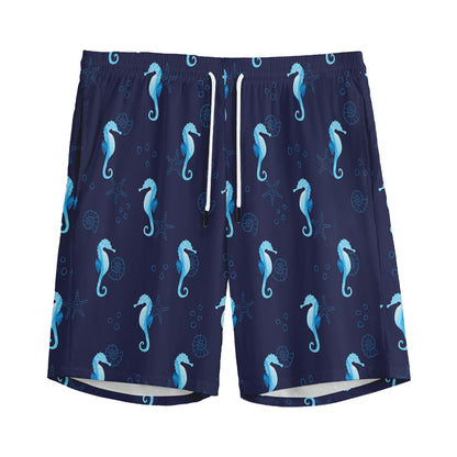 Blue Seahorse Pattern Print Men's Sports Shorts
