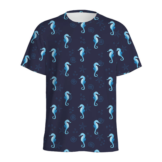 Blue Seahorse Pattern Print Men's Sports T-Shirt