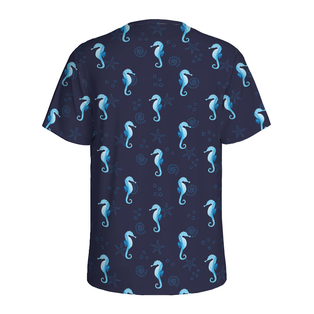 Blue Seahorse Pattern Print Men's Sports T-Shirt