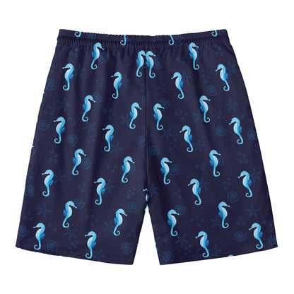 Blue Seahorse Pattern Print Men's Swim Trunks