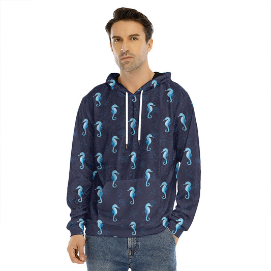 Blue Seahorse Pattern Print Men's Velvet Pullover Hoodie