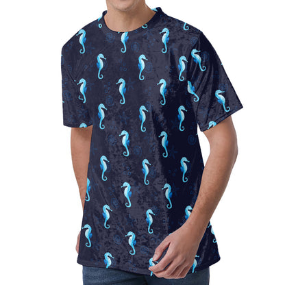 Blue Seahorse Pattern Print Men's Velvet T-Shirt