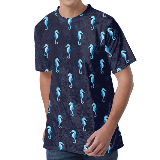 Blue Seahorse Pattern Print Men's Velvet T-Shirt
