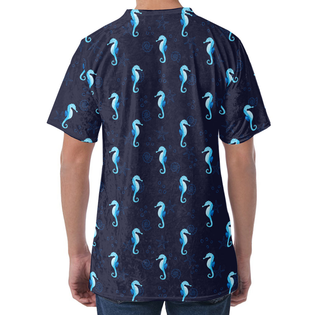 Blue Seahorse Pattern Print Men's Velvet T-Shirt