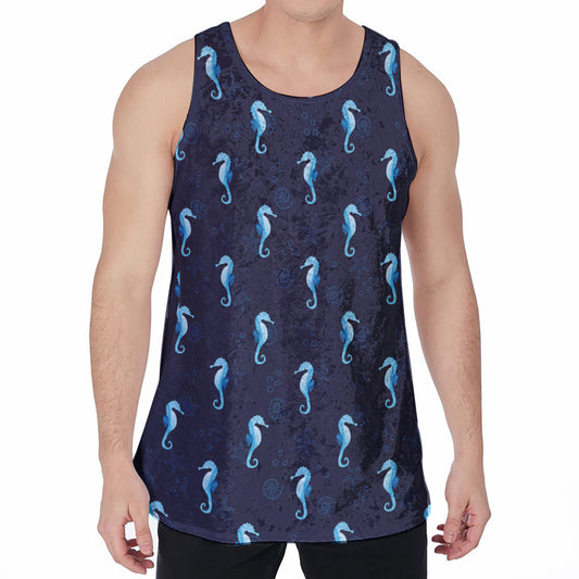 Blue Seahorse Pattern Print Men's Velvet Tank Top