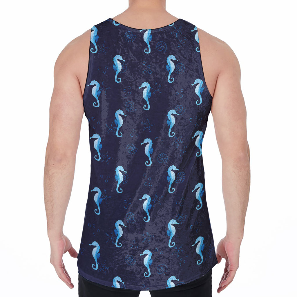 Blue Seahorse Pattern Print Men's Velvet Tank Top