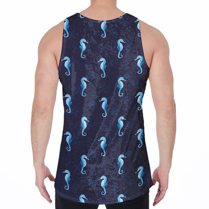 Blue Seahorse Pattern Print Men's Velvet Tank Top
