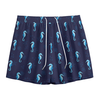 Blue Seahorse Pattern Print Mesh Shorts