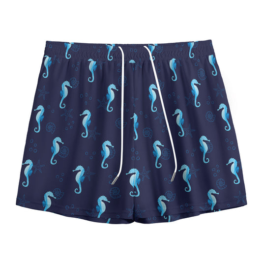 Blue Seahorse Pattern Print Mesh Shorts