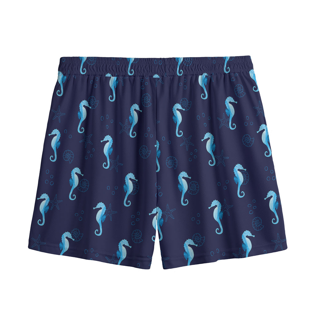 Blue Seahorse Pattern Print Mesh Shorts