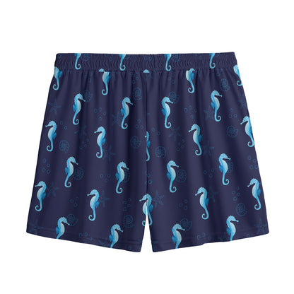 Blue Seahorse Pattern Print Mesh Shorts