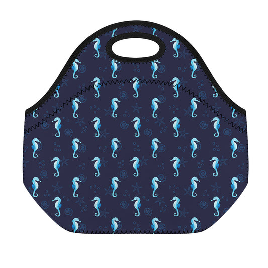 Blue Seahorse Pattern Print Neoprene Lunch Bag