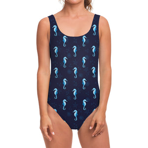 Blue Seahorse Pattern Print One Piece Swimsuit