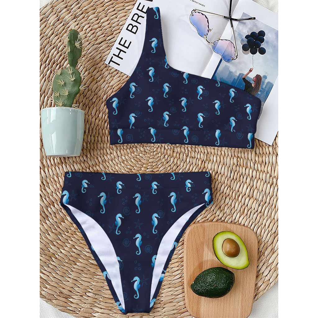 Blue Seahorse Pattern Print One Shoulder Bikini Top