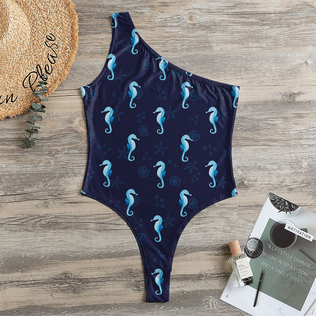 Blue Seahorse Pattern Print One Shoulder Bodysuit