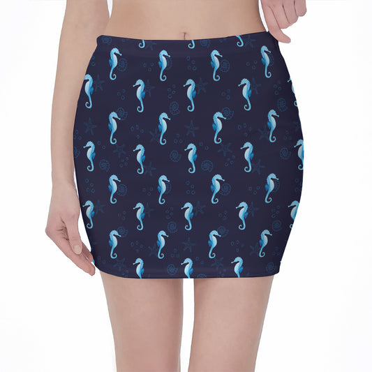 Blue Seahorse Pattern Print Pencil Mini Skirt