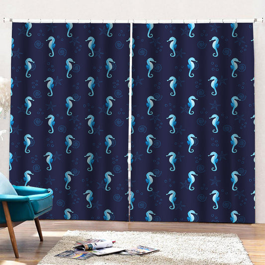 Blue Seahorse Pattern Print Pencil Pleat Curtains
