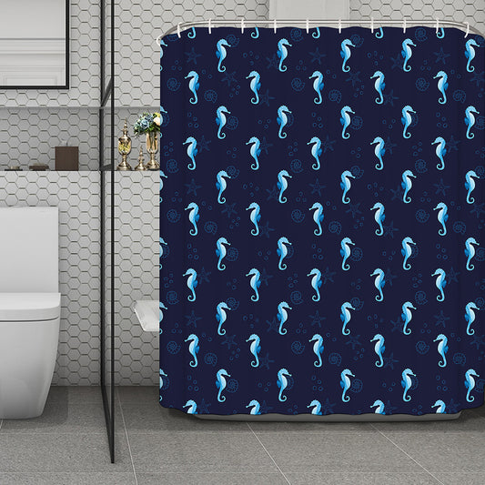Blue Seahorse Pattern Print Polyester Shower Curtain